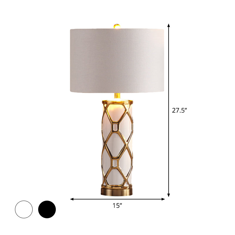 13"/15" W Fabric Cylinder Night Table Lamp Postmodern 1 Light White/Black Metal Nightstand Light for Bedroom Clearhalo 'Lamps' 'Table Lamps' Lighting' 405683