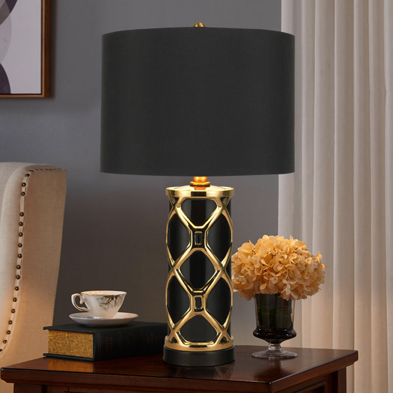 13"/15" W Fabric Cylinder Night Table Lamp Postmodern 1 Light White/Black Metal Nightstand Light for Bedroom Black Clearhalo 'Lamps' 'Table Lamps' Lighting' 405684