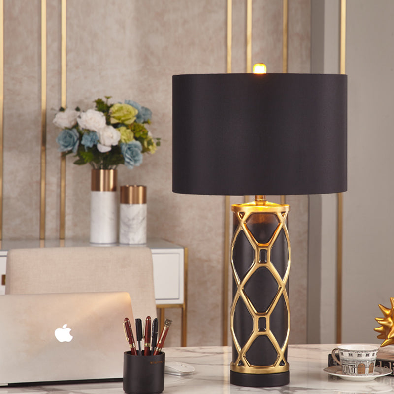 13"/15" W Fabric Cylinder Night Table Lamp Postmodern 1 Light White/Black Metal Nightstand Light for Bedroom Clearhalo 'Lamps' 'Table Lamps' Lighting' 405685