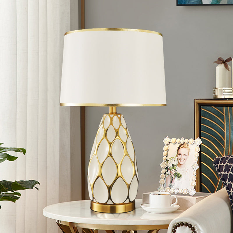 Ceramic Drum Table Lighting Modern 1 Bulb White Night Lamp with Fabric Shade for Living Room Clearhalo 'Lamps' 'Table Lamps' Lighting' 405690