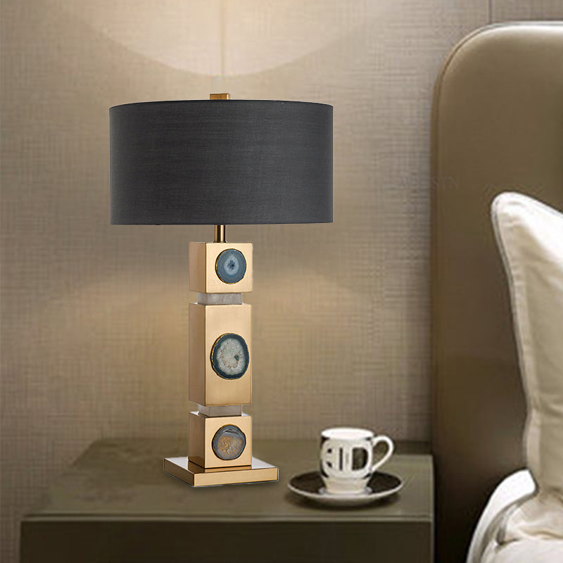 Modernism 1 Light Night Lamp Black Drum Metal Nightstand Lighting with Fabric Shade Clearhalo 'Lamps' 'Table Lamps' Lighting' 405708