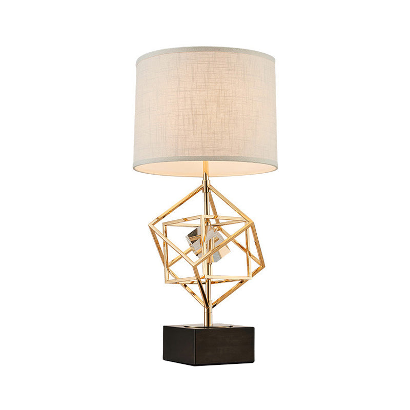 1-Head Bedroom Nightstand Lamp Luxury Gold Fabric Night Table Light with Square Stone Pedestal Clearhalo 'Lamps' 'Table Lamps' Lighting' 405739