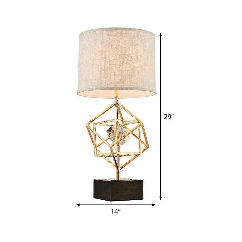 1-Head Bedroom Nightstand Lamp Luxury Gold Fabric Night Table Light with Square Stone Pedestal Clearhalo 'Lamps' 'Table Lamps' Lighting' 405741