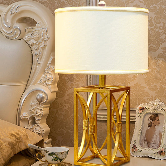 Cylinder Fabric Nightstand Lighting Modern Metal 1 Light Gold Night Light for Living Room Gold Clearhalo 'Lamps' 'Table Lamps' Lighting' 405742