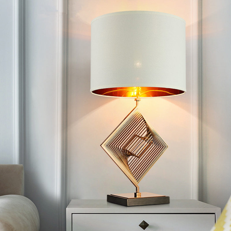 Metal Square Night Table Light Modern 1 Bulb White Nightstand Lighting with Drum Fabric Shade White Clearhalo 'Lamps' 'Table Lamps' Lighting' 405747