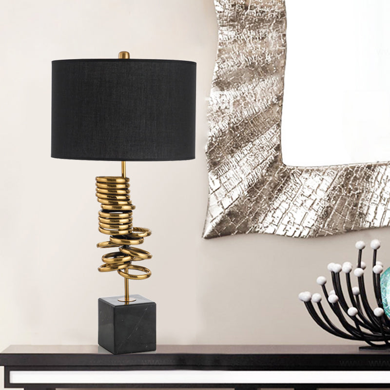 Drum Living Room Table Lighting Marble 1-Head Post-Modern Night Lamp in Black with Fabric Shade Clearhalo 'Lamps' 'Table Lamps' Lighting' 405793