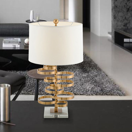 1-Head Bedroom Night Table Light Post-Modern White Metal Nightstand Lamp with Drum Fabric Shade White Clearhalo 'Lamps' 'Table Lamps' Lighting' 405812