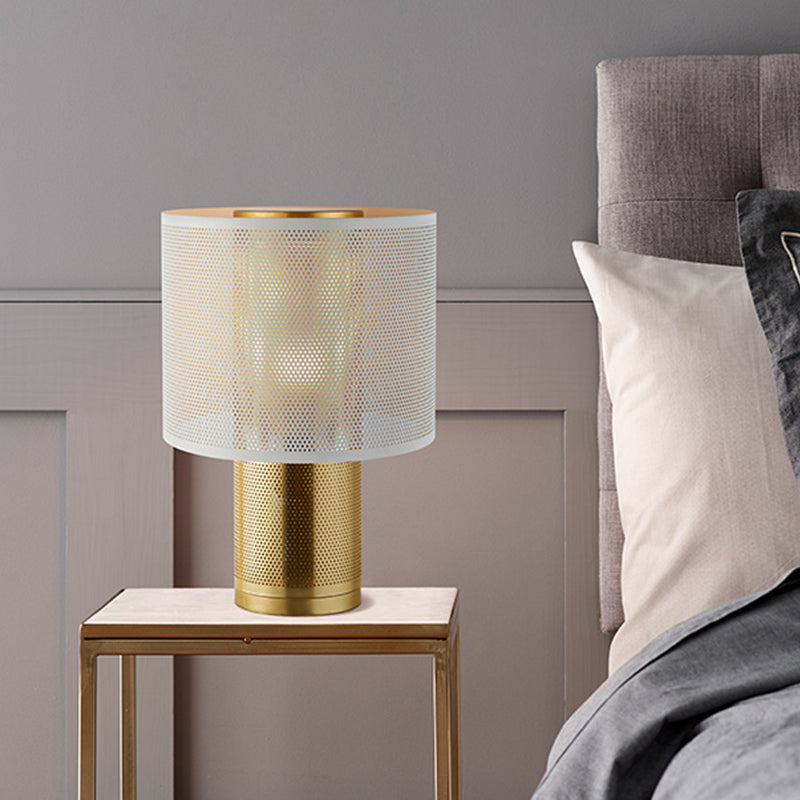 Minimalism 1-Light Night Lamp White Cylinder Nightstand Lighting with Metal Shade for Bedroom White Clearhalo 'Lamps' 'Table Lamps' Lighting' 405952