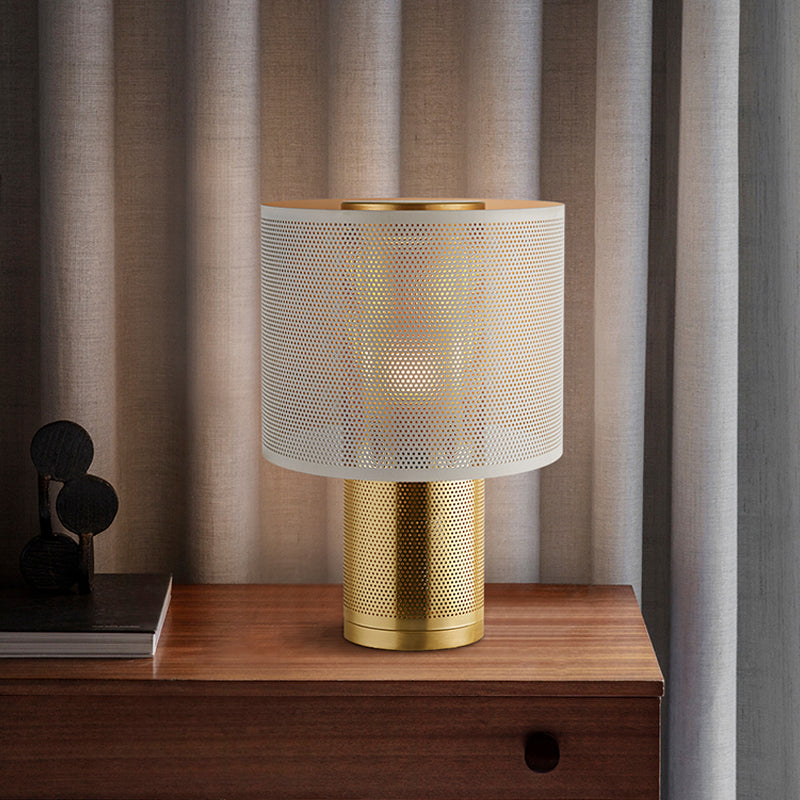 White Shaded Table Lamp Simplicity 1-Light Fabric Night Stand Light with  Brass-Black Base - Clearhalo