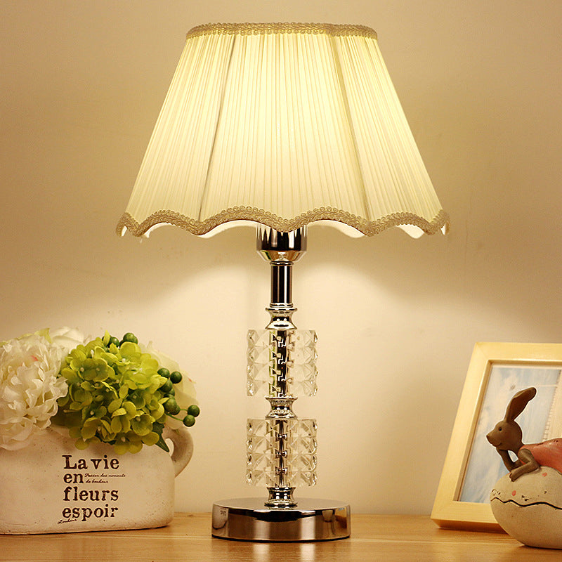 Contemporary 1-Bulb Nightstand Lighting Beige Scalloped Crystal Night Lamp with Fabric Shade Beige Clearhalo 'Lamps' 'Table Lamps' Lighting' 406062