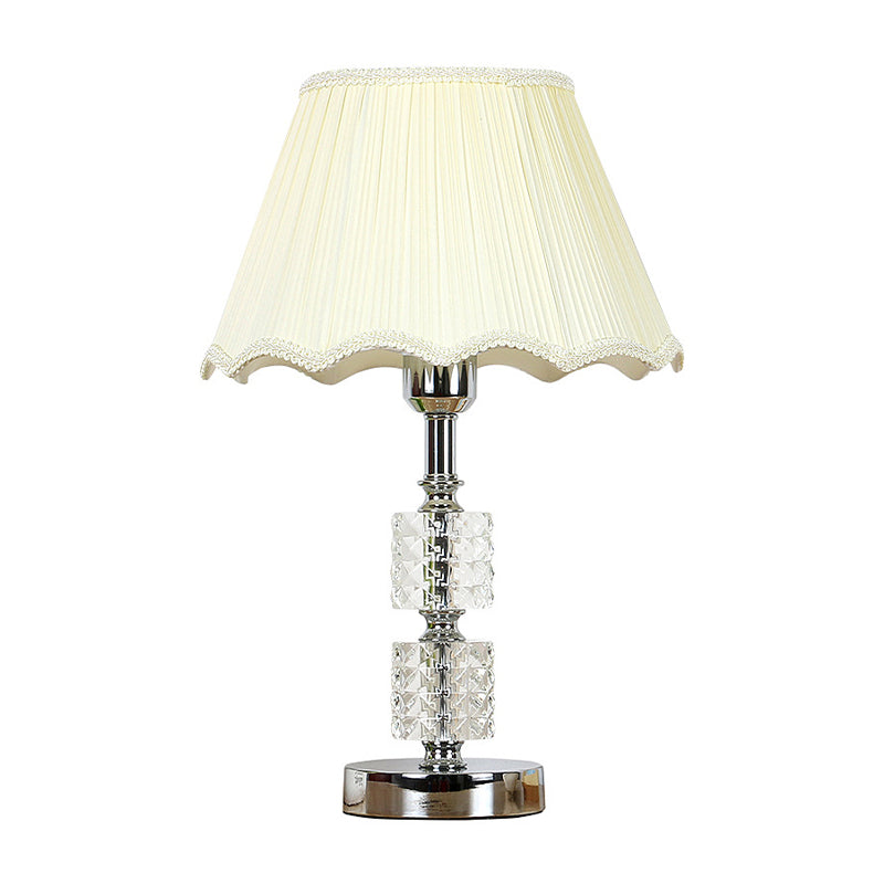 Contemporary 1-Bulb Nightstand Lighting Beige Scalloped Crystal Night Lamp with Fabric Shade Clearhalo 'Lamps' 'Table Lamps' Lighting' 406064