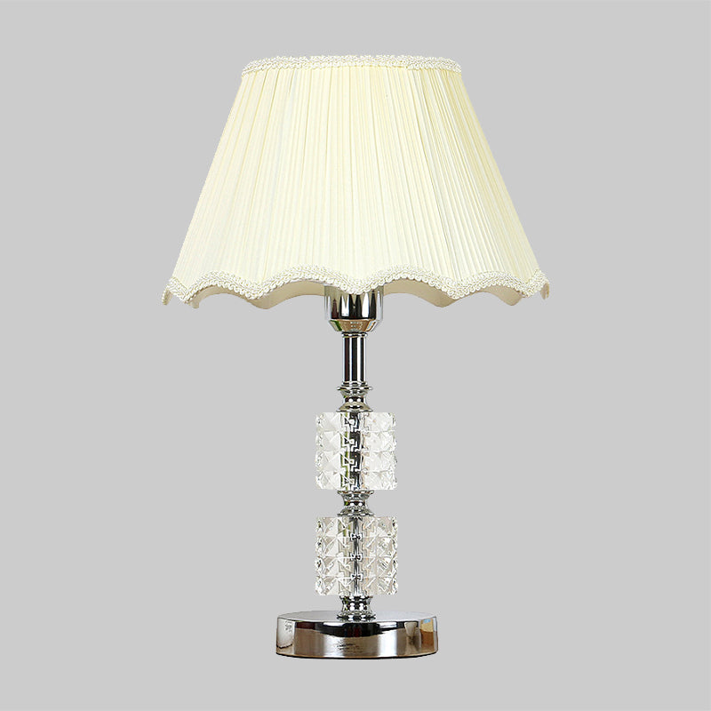 Contemporary 1-Bulb Nightstand Lighting Beige Scalloped Crystal Night Lamp with Fabric Shade Clearhalo 'Lamps' 'Table Lamps' Lighting' 406065