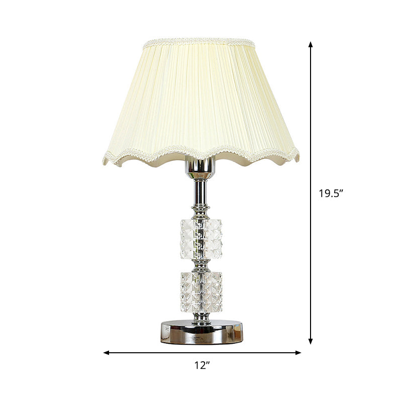 Contemporary 1-Bulb Nightstand Lighting Beige Scalloped Crystal Night Lamp with Fabric Shade Clearhalo 'Lamps' 'Table Lamps' Lighting' 406066