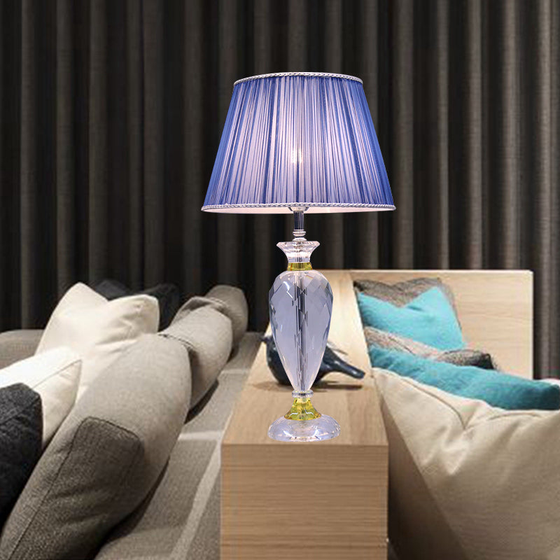 Modern 1 Head Table Lamp Blue Barrel Night Lighting with Urn-Shaped Crystal Base for Bedroom Blue Clearhalo 'Lamps' 'Table Lamps' Lighting' 406167