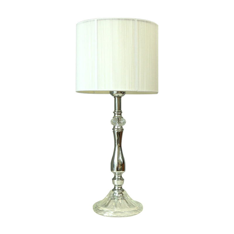 Modernist 1-Head Table Light White Drum Crystal Nightstand Lamp with Fabric Shade Clearhalo 'Lamps' 'Table Lamps' Lighting' 406266