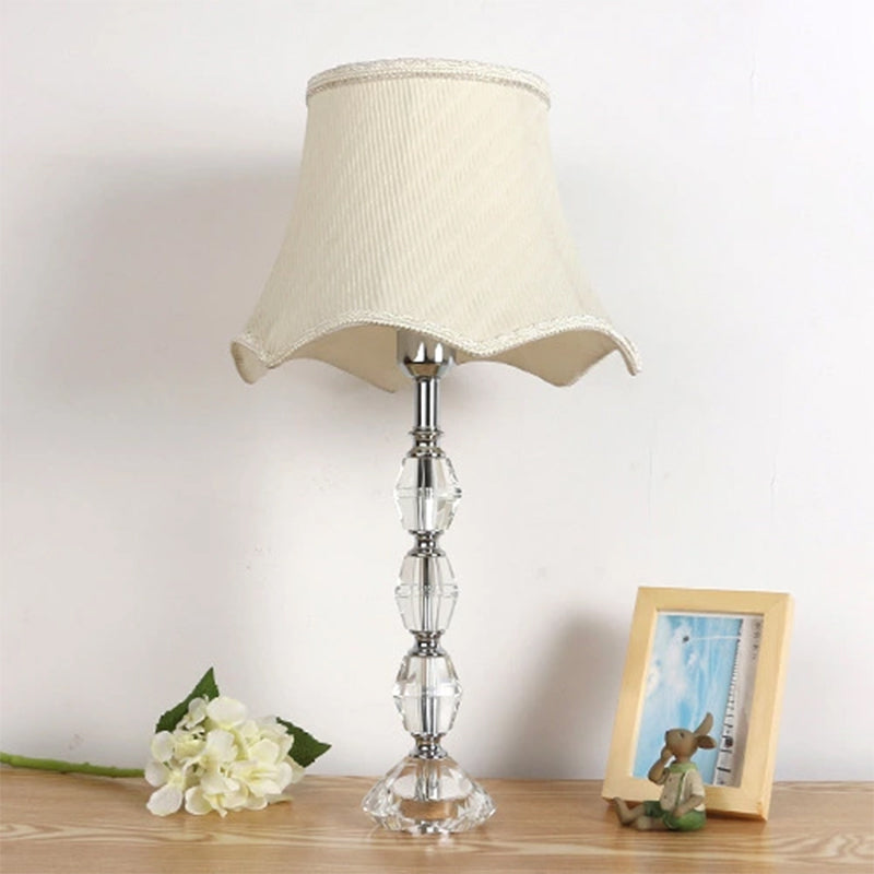 1-Light Bedroom Night Table Light Minimalism Beige Crystal Nightstand Lamp with Scalloped Fabric Shade Clearhalo 'Lamps' 'Table Lamps' Lighting' 406314