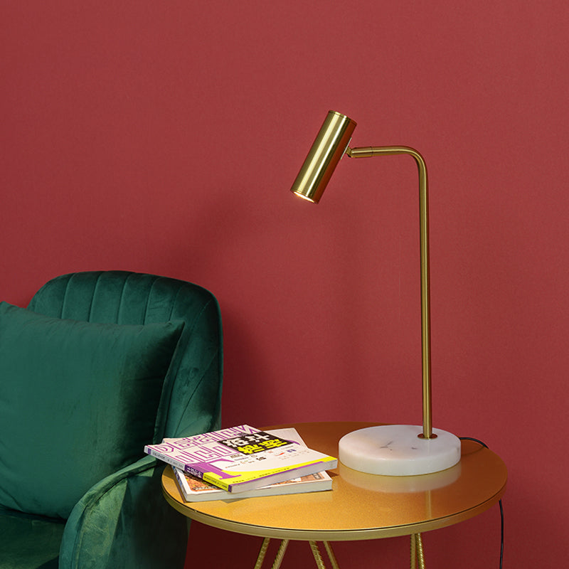 Metal Tubular Night Table Lighting Post-Modern 1 Bulb Gold Nightstand Lamp with Angled Arm for Study Room Clearhalo 'Lamps' 'Table Lamps' Lighting' 406442