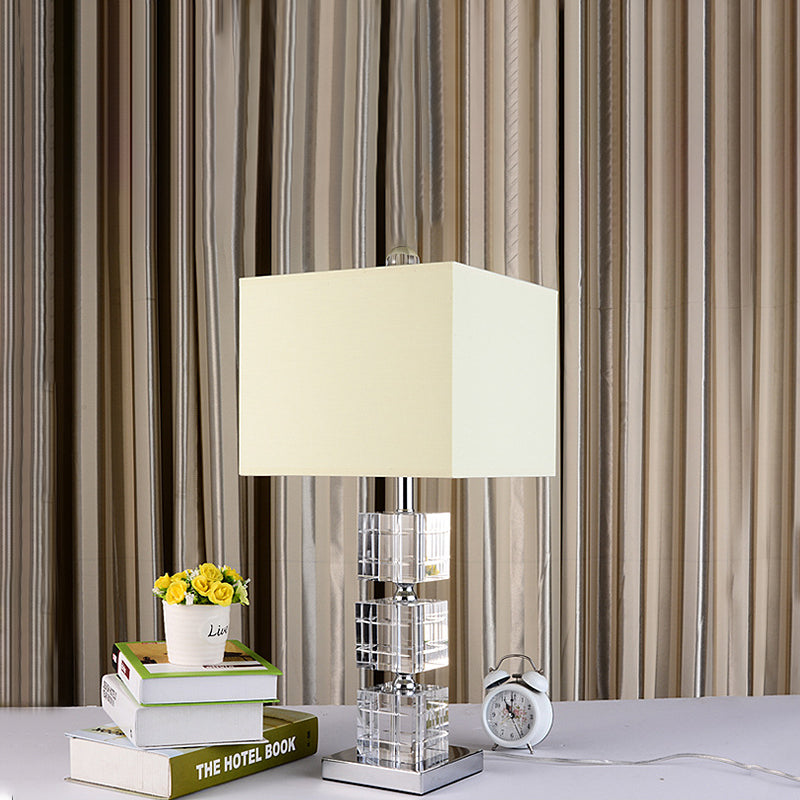 1 Head Cuboid Fabric Task Lighting Modernism Hand-Cut Crystal Small Desk Lamp in Beige Beige Clearhalo 'Lamps' 'Table Lamps' Lighting' 406619