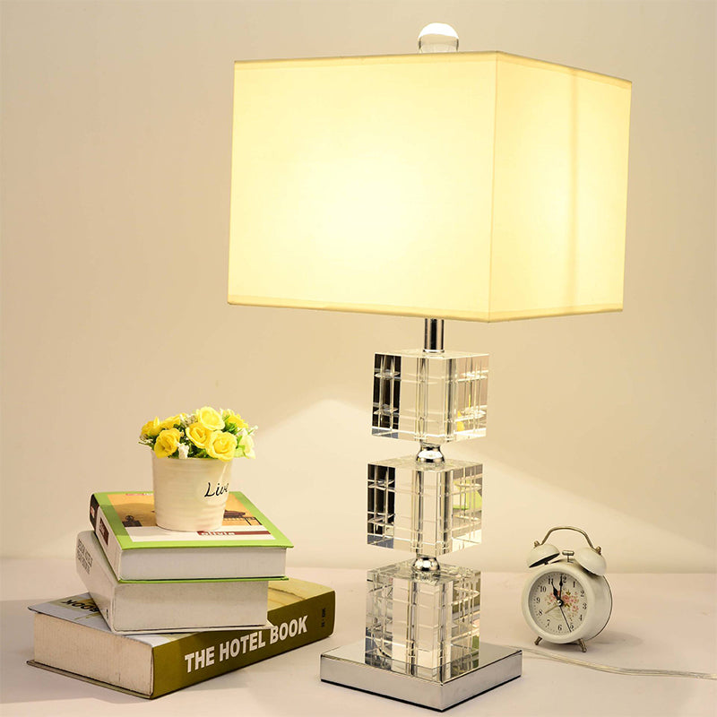 1 Head Cuboid Fabric Task Lighting Modernism Hand-Cut Crystal Small Desk Lamp in Beige Clearhalo 'Lamps' 'Table Lamps' Lighting' 406620