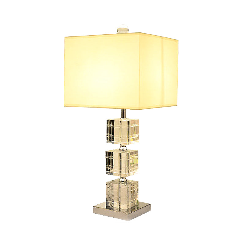 1 Head Cuboid Fabric Task Lighting Modernism Hand-Cut Crystal Small Desk Lamp in Beige Clearhalo 'Lamps' 'Table Lamps' Lighting' 406621