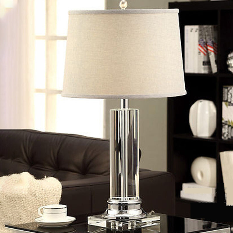 White Barrel Fabric Table Lamp Modernist 1 Bulb Clear Cylinder Crystal Reading Book Light Clearhalo 'Lamps' 'Table Lamps' Lighting' 406664