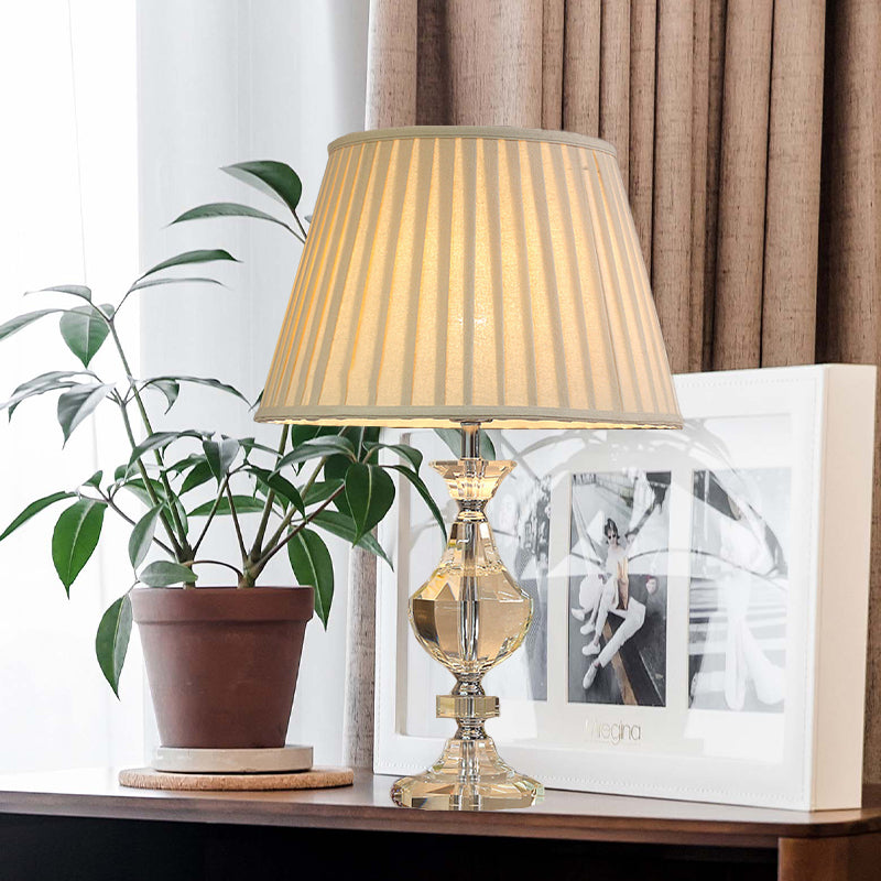 Wide Flare Task Lamp Modern Fabric 1 Head Beige Reading Book Light with Urn Crysatl Detail for Living Room Beige Clearhalo 'Lamps' 'Table Lamps' Lighting' 406751