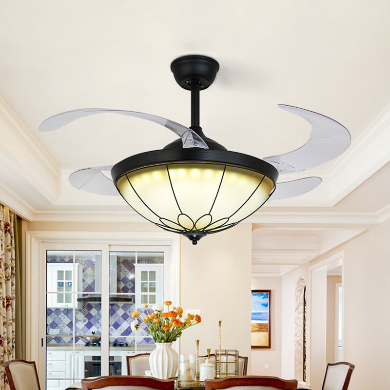 42" W LED Dome Semi Flush Mount Lamp Traditional Black Opal Glass 4 Blades Ceiling Fan Light for Dining Room, Wall/Remote Control Black Clearhalo 'Ceiling Fans with Lights' 'Ceiling Fans' Lighting' 406900