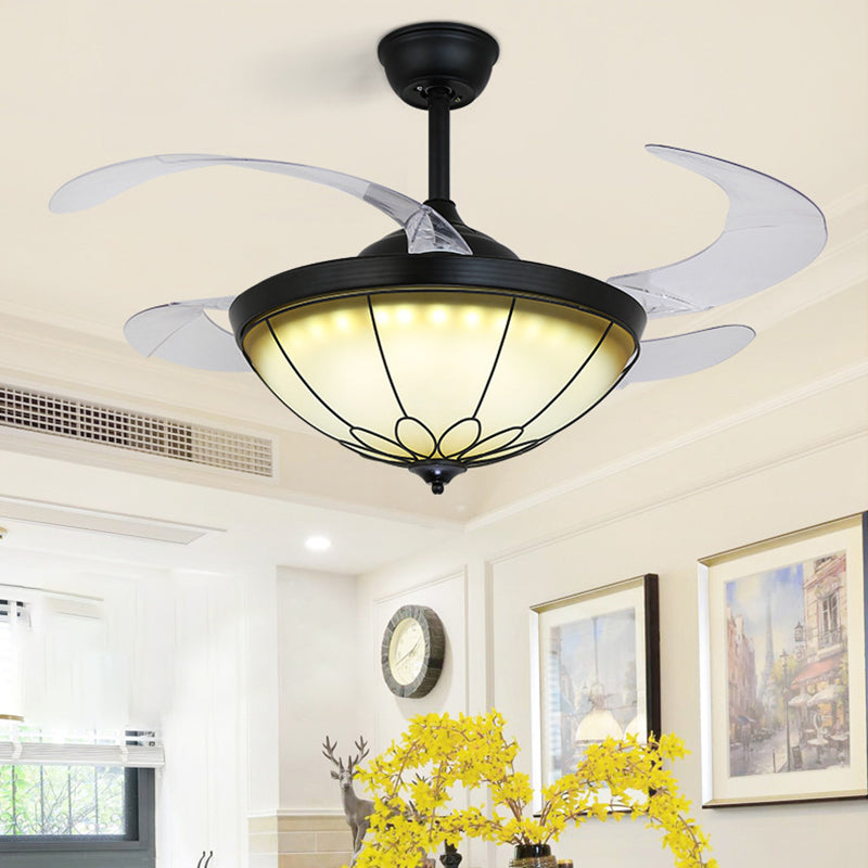 42" W LED Dome Semi Flush Mount Lamp Traditional Black Opal Glass 4 Blades Ceiling Fan Light for Dining Room, Wall/Remote Control Clearhalo 'Ceiling Fans with Lights' 'Ceiling Fans' Lighting' 406901