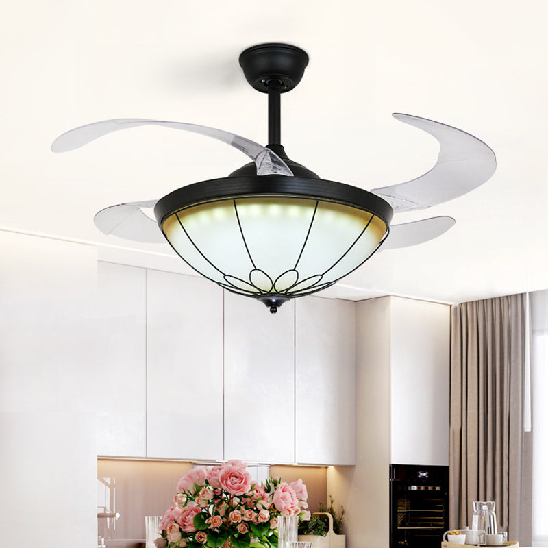 42" W LED Dome Semi Flush Mount Lamp Traditional Black Opal Glass 4 Blades Ceiling Fan Light for Dining Room, Wall/Remote Control Clearhalo 'Ceiling Fans with Lights' 'Ceiling Fans' Lighting' 406902