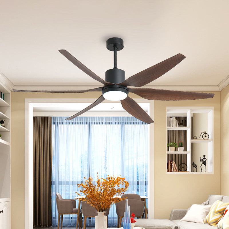 55.5" W LED Semi Flush Lighting Traditional Cylinder Metal Hanging Fan Lamp in Black with 6 Brown Wooden Vanes Black Clearhalo 'Ceiling Fans with Lights' 'Ceiling Fans' Lighting' 406910