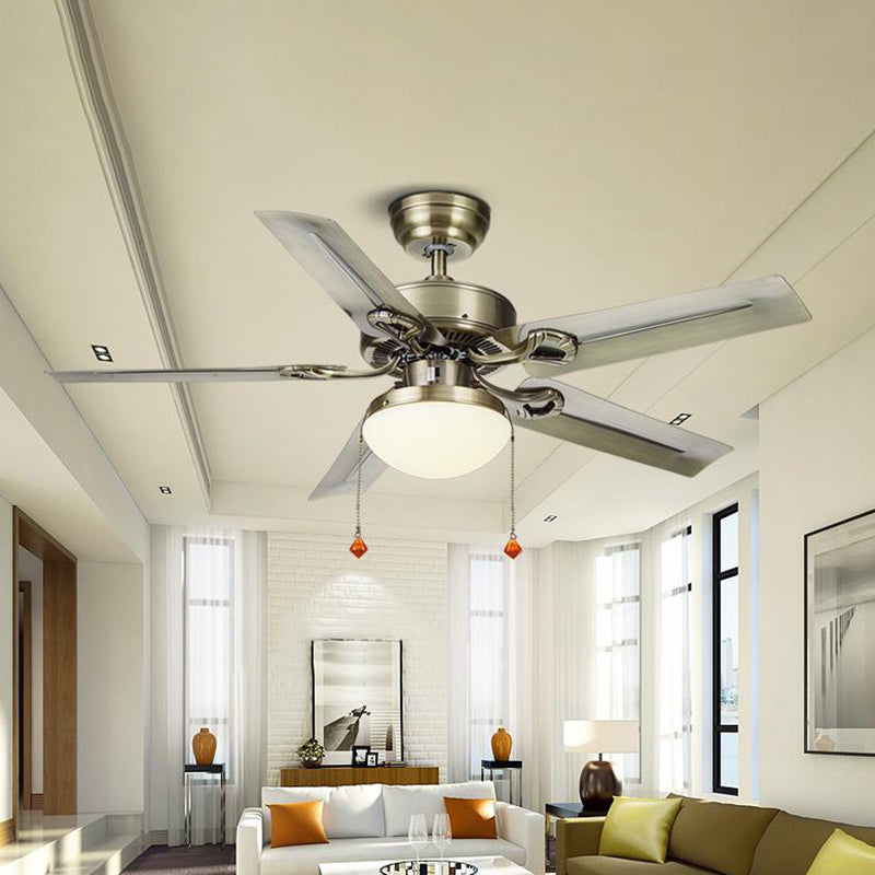 Brass LED Semi Flush Mounted Light Vintage Milky Glass Dome Shade 5 Blades Fan Lamp with Pull Chain, 42"/48"/52" W Brass Clearhalo 'Ceiling Fans with Lights' 'Ceiling Fans' Lighting' 406945