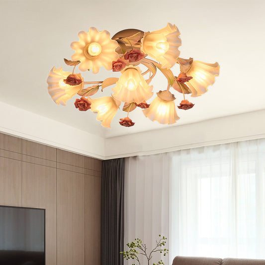 White 4/7 Lights Ceiling Flush Korean Garden Metal Flower Semi Mount Lighting for Living Room 7 White Clearhalo 'Ceiling Lights' 'Close To Ceiling Lights' 'Close to ceiling' 'Semi-flushmount' Lighting' 406952