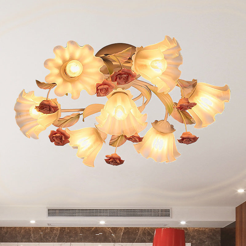 White 4/7 Lights Ceiling Flush Korean Garden Metal Flower Semi Mount Lighting for Living Room Clearhalo 'Ceiling Lights' 'Close To Ceiling Lights' 'Close to ceiling' 'Semi-flushmount' Lighting' 406953