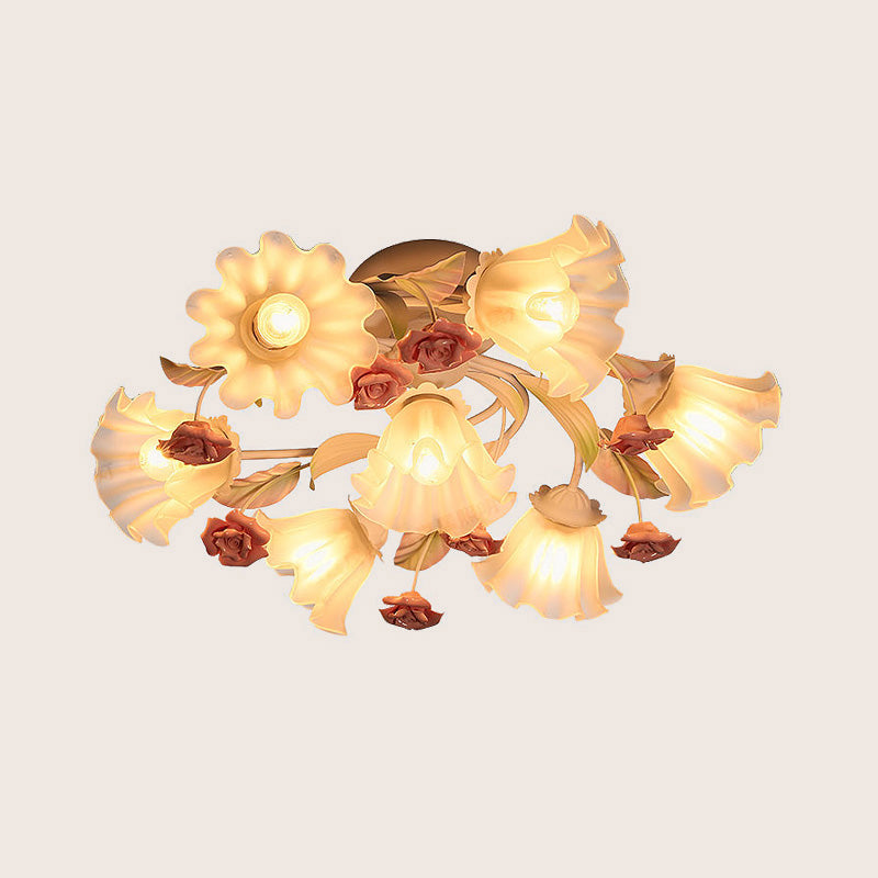 White 4/7 Lights Ceiling Flush Korean Garden Metal Flower Semi Mount Lighting for Living Room Clearhalo 'Ceiling Lights' 'Close To Ceiling Lights' 'Close to ceiling' 'Semi-flushmount' Lighting' 406955