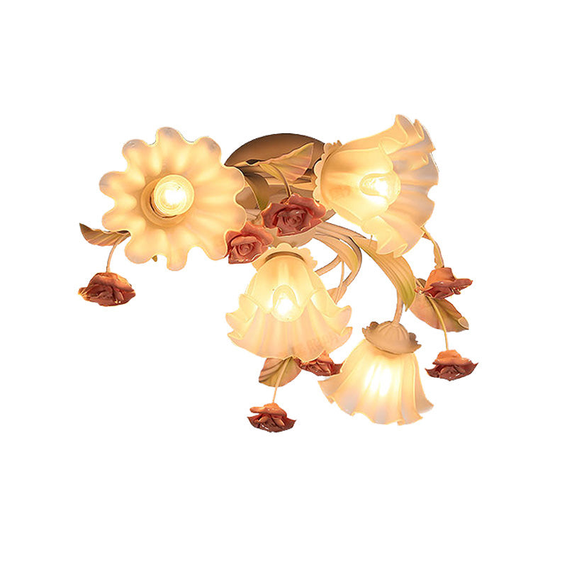 White 4/7 Lights Ceiling Flush Korean Garden Metal Flower Semi Mount Lighting for Living Room Clearhalo 'Ceiling Lights' 'Close To Ceiling Lights' 'Close to ceiling' 'Semi-flushmount' Lighting' 406959