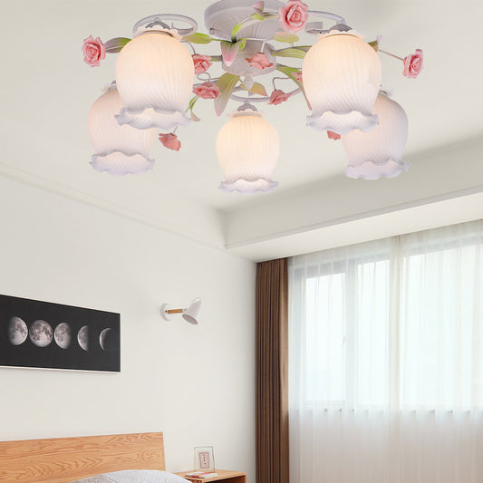 Metal White Ceiling Fixture Scalloped 5 Bulbs Pastoral Flower Semi Flush Light for Bedroom White Clearhalo 'Ceiling Lights' 'Close To Ceiling Lights' 'Close to ceiling' 'Semi-flushmount' Lighting' 406961