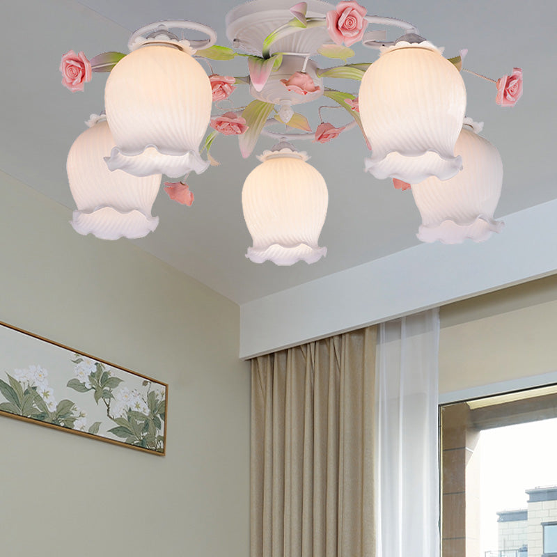 Metal White Ceiling Fixture Scalloped 5 Bulbs Pastoral Flower Semi Flush Light for Bedroom Clearhalo 'Ceiling Lights' 'Close To Ceiling Lights' 'Close to ceiling' 'Semi-flushmount' Lighting' 406962