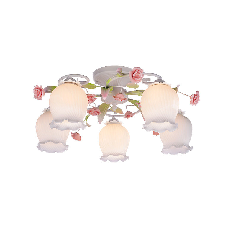 Metal White Ceiling Fixture Scalloped 5 Bulbs Pastoral Flower Semi Flush Light for Bedroom Clearhalo 'Ceiling Lights' 'Close To Ceiling Lights' 'Close to ceiling' 'Semi-flushmount' Lighting' 406963