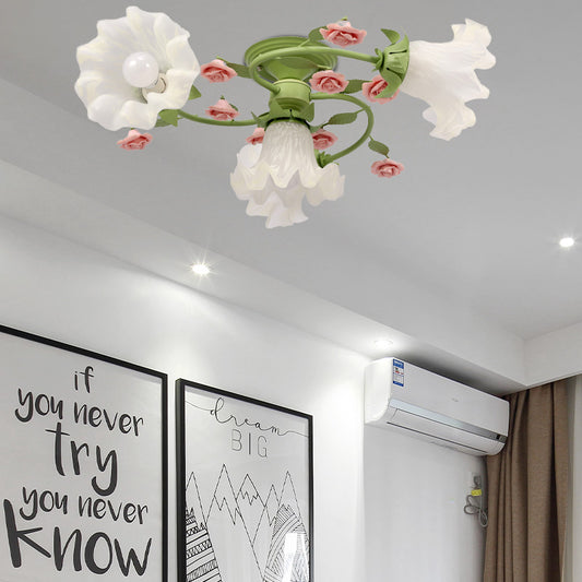 Spiral Bedroom Semi Flush Light Korean Flower Metal 4 Bulbs Green Close to Ceiling Lighting Green Clearhalo 'Ceiling Lights' 'Close To Ceiling Lights' 'Close to ceiling' 'Semi-flushmount' Lighting' 406966