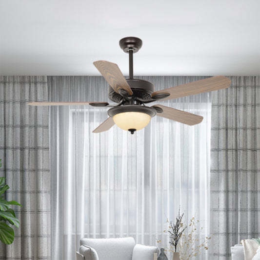 42" W LED Hanging Fan Light Countryside Living Room Wall/Remote Control 5 Blades Semi Flushmount with Dome White Textured Glass Shade in Dark Coffee Dark Coffee Clearhalo 'Ceiling Fans with Lights' 'Ceiling Fans' Lighting' 406976