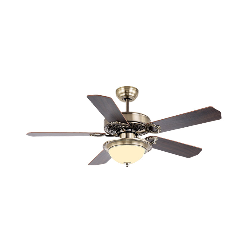 Country Style Dome Semi Flush Lamp Cream Glass 42" W LED Ceiling Fan Light Fixture in Brass for Living Room with 5 Blades, Wall/Remote Control Clearhalo 'Ceiling Fans with Lights' 'Ceiling Fans' Lighting' 406988