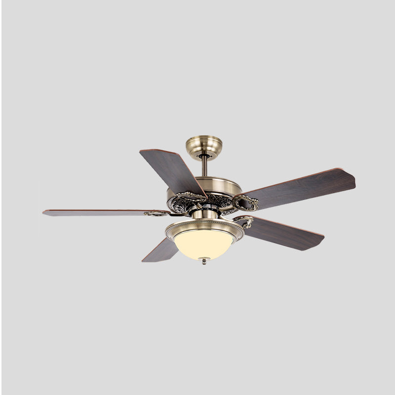 Country Style Dome Semi Flush Lamp Cream Glass 42" W LED Ceiling Fan Light Fixture in Brass for Living Room with 5 Blades, Wall/Remote Control Clearhalo 'Ceiling Fans with Lights' 'Ceiling Fans' Lighting' 406989