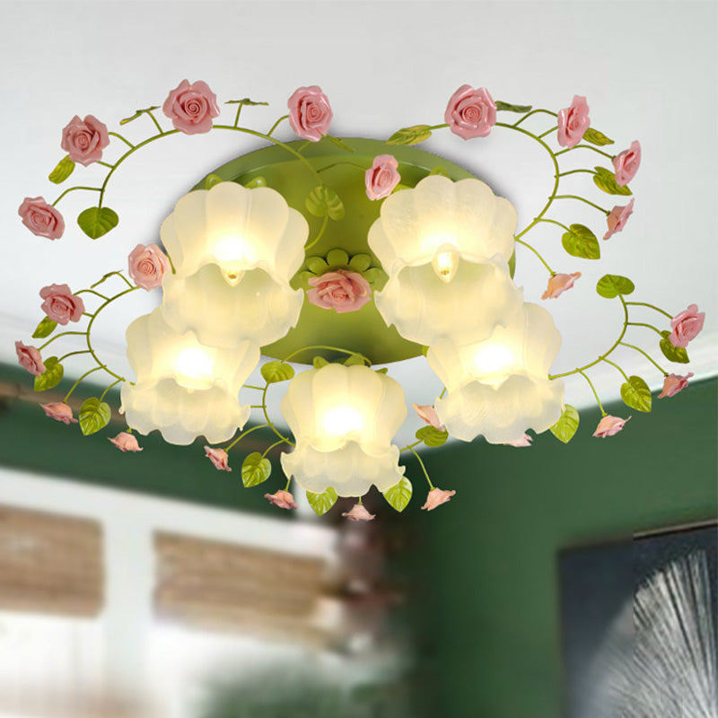 Green Floral Ceiling Light Fixture Romantic Pastoral Metal 1/3/5 Heads Living Room Flush Mount Lamp 5 Green Clearhalo 'Ceiling Lights' 'Close To Ceiling Lights' 'Close to ceiling' 'Flush mount' Lighting' 406991