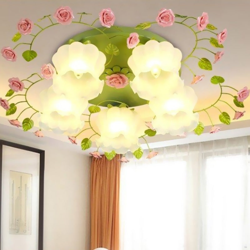 Green Floral Ceiling Light Fixture Romantic Pastoral Metal 1/3/5 Heads Living Room Flush Mount Lamp Clearhalo 'Ceiling Lights' 'Close To Ceiling Lights' 'Close to ceiling' 'Flush mount' Lighting' 406992