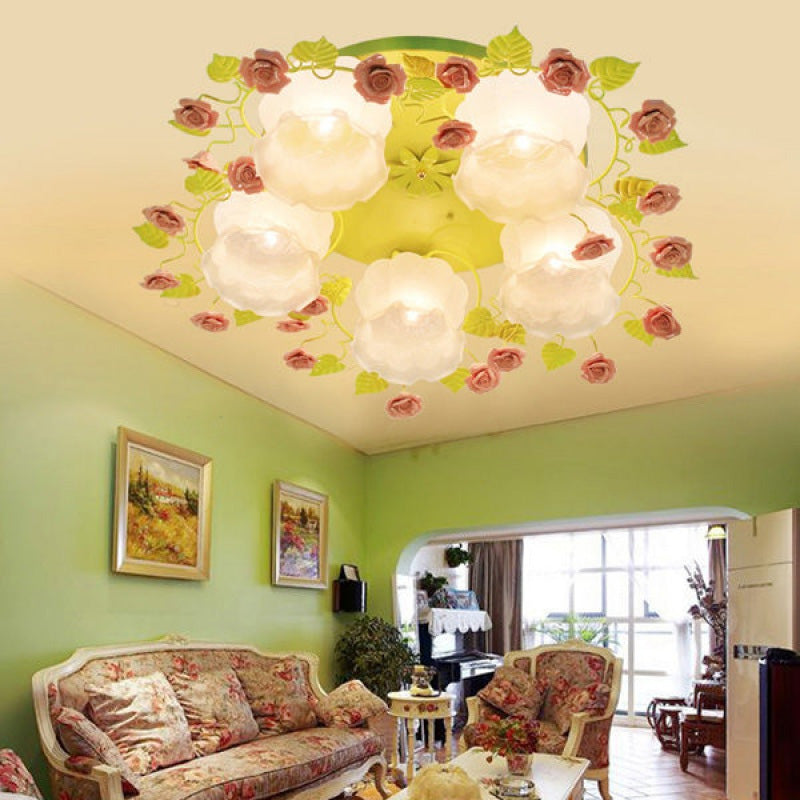 Green Floral Ceiling Light Fixture Romantic Pastoral Metal 1/3/5 Heads Living Room Flush Mount Lamp Clearhalo 'Ceiling Lights' 'Close To Ceiling Lights' 'Close to ceiling' 'Flush mount' Lighting' 406993