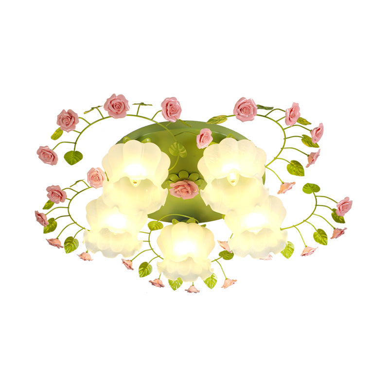 Green Floral Ceiling Light Fixture Romantic Pastoral Metal 1/3/5 Heads Living Room Flush Mount Lamp Clearhalo 'Ceiling Lights' 'Close To Ceiling Lights' 'Close to ceiling' 'Flush mount' Lighting' 406994