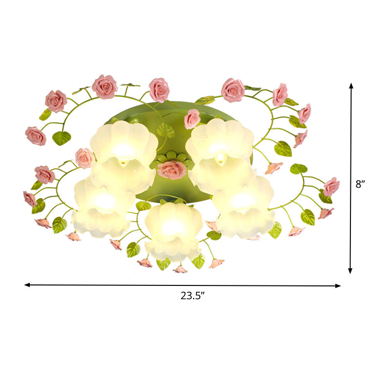 Green Floral Ceiling Light Fixture Romantic Pastoral Metal 1/3/5 Heads Living Room Flush Mount Lamp Clearhalo 'Ceiling Lights' 'Close To Ceiling Lights' 'Close to ceiling' 'Flush mount' Lighting' 406995