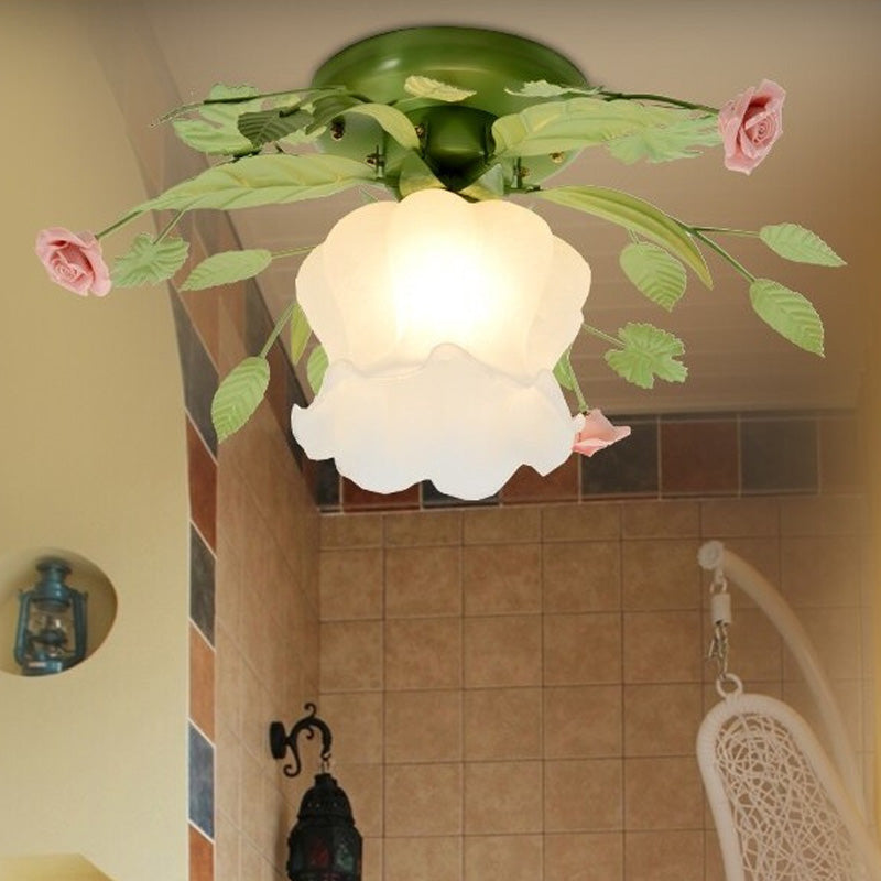 Green Floral Ceiling Light Fixture Romantic Pastoral Metal 1/3/5 Heads Living Room Flush Mount Lamp 1 Green Clearhalo 'Ceiling Lights' 'Close To Ceiling Lights' 'Close to ceiling' 'Flush mount' Lighting' 406996