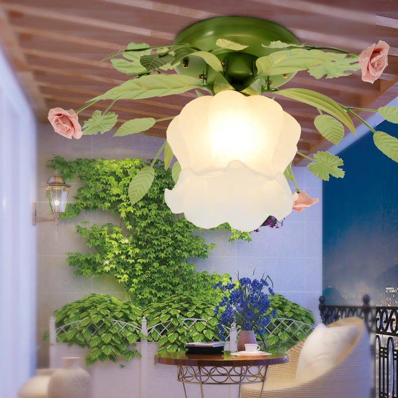 Green Floral Ceiling Light Fixture Romantic Pastoral Metal 1/3/5 Heads Living Room Flush Mount Lamp Clearhalo 'Ceiling Lights' 'Close To Ceiling Lights' 'Close to ceiling' 'Flush mount' Lighting' 406997