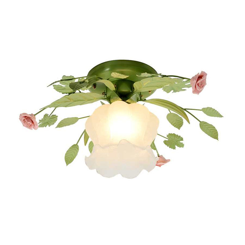 Green Floral Ceiling Light Fixture Romantic Pastoral Metal 1/3/5 Heads Living Room Flush Mount Lamp Clearhalo 'Ceiling Lights' 'Close To Ceiling Lights' 'Close to ceiling' 'Flush mount' Lighting' 406998